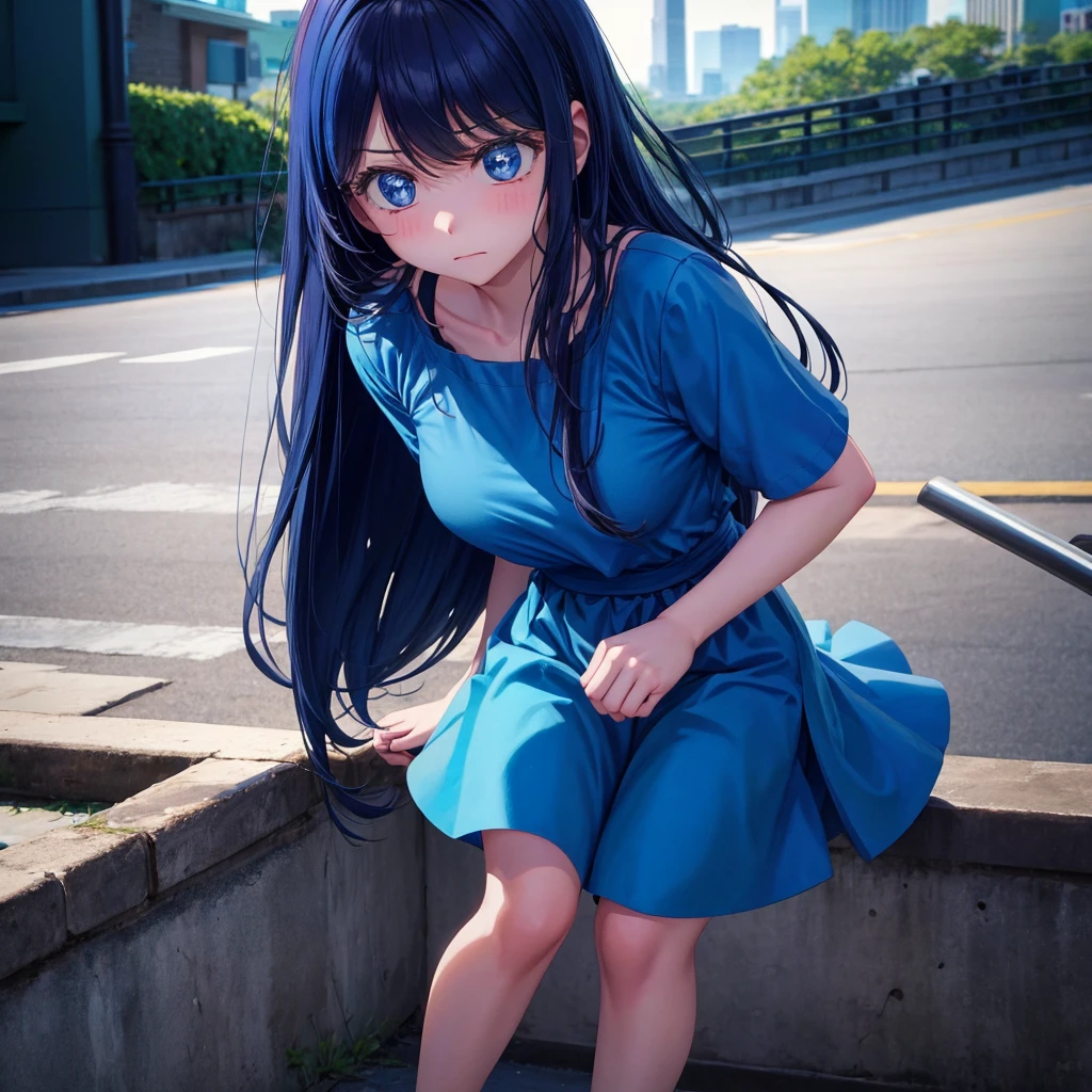 A clumsy and absent-minded girl in blue clothes