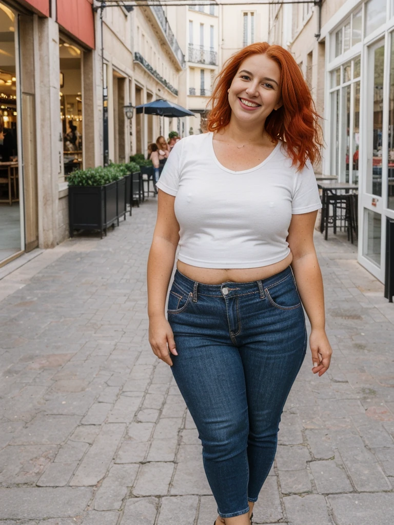 Xyrele, 1girl, solo, 30 years old, (((French face))), (((French nose))), (((French lips))), ((((chubby)))), (((wide hips))), (((red hair))), crinkly short hair, wearing casual designed modern trend wear, ((Background: Shopping at the outdoor mall)), ((upper body and upper legs)), smiling