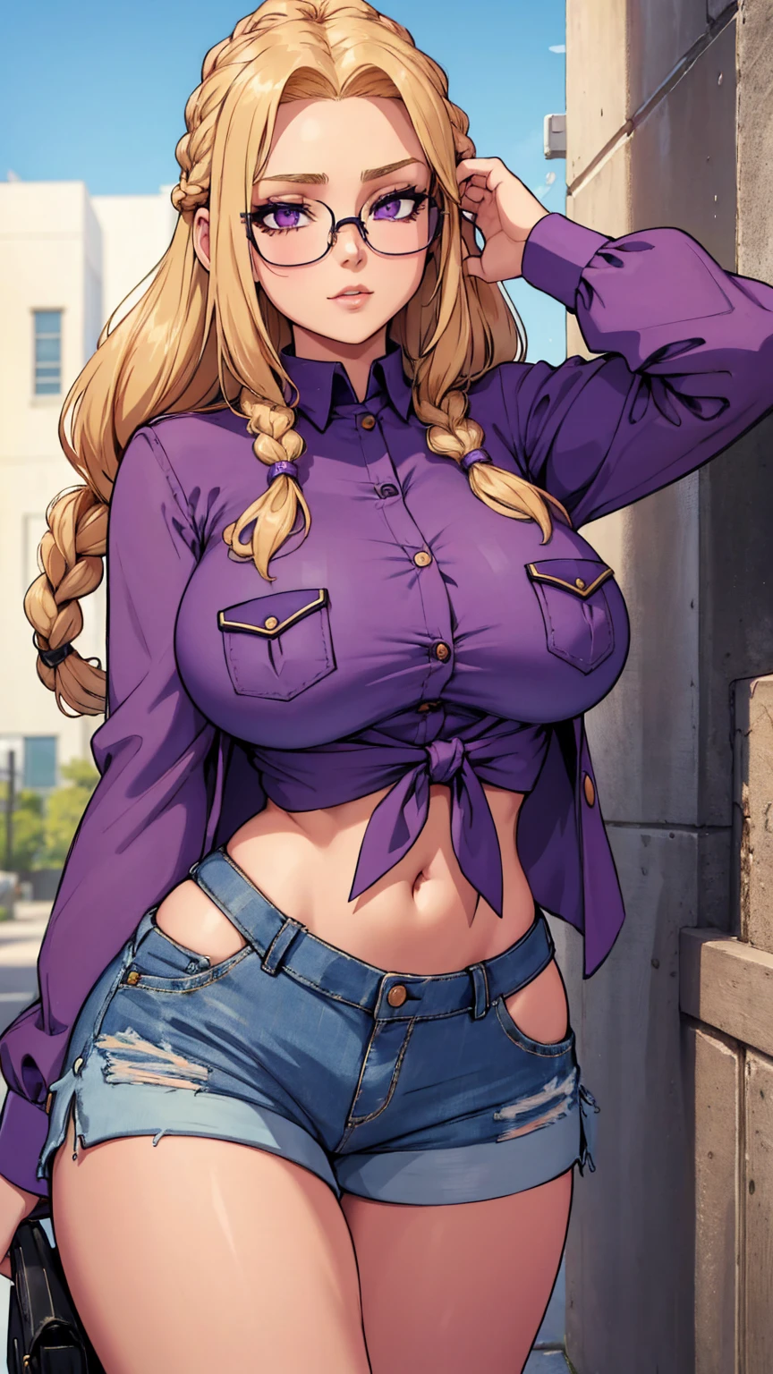 A beautiful sexy girl with a big breast, long round blonde hair, braids, her brown eye, big purple glasses, wearing a blouse, a light purple pocket with a button, tied knot, showing a navel and a blue shorts, a pocket with a black heel.