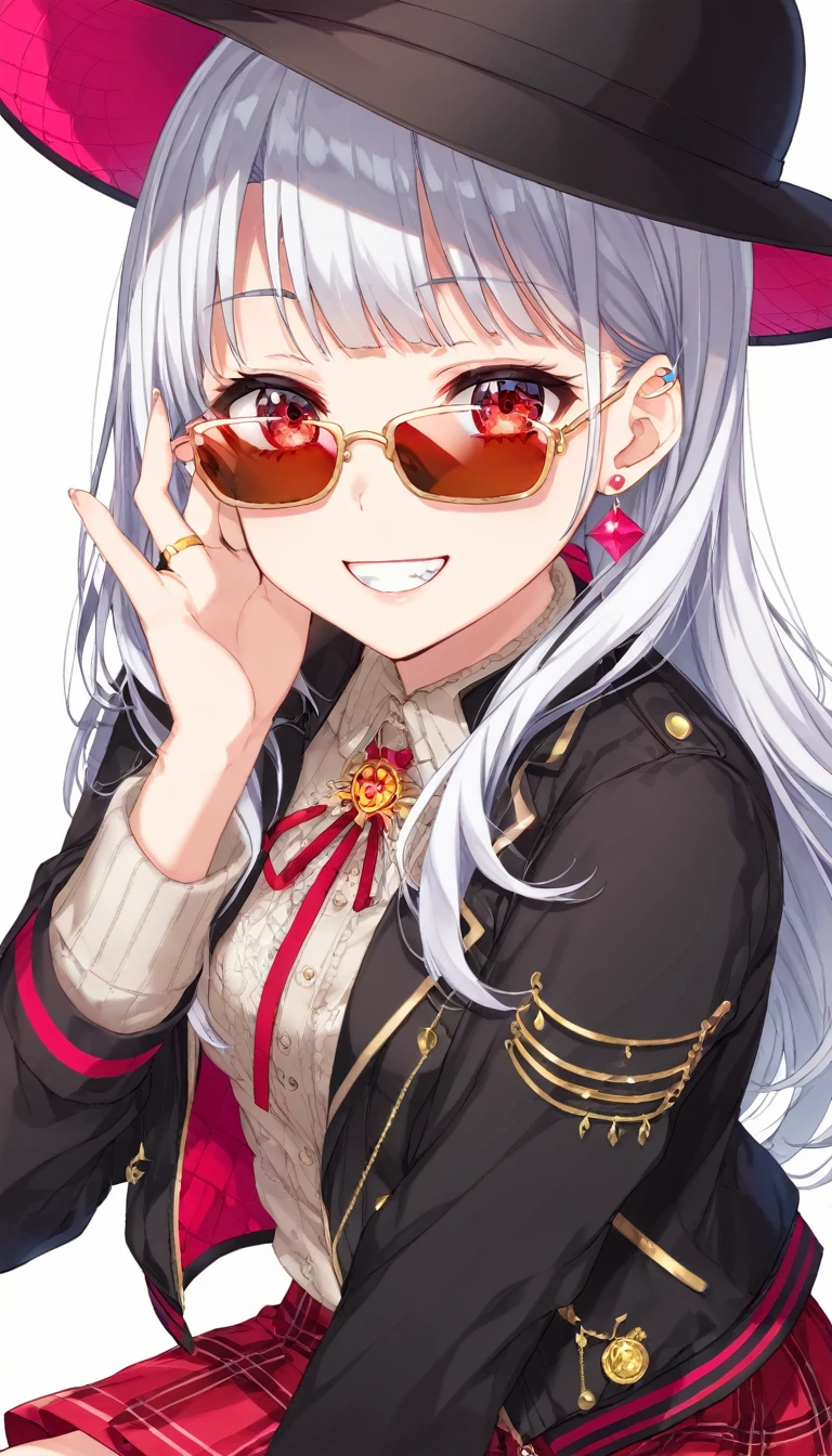 One girl, alone, Long Hair, View your viewers, smile, bangs, 水色のJacket, Red pastel skirt、Red eyes,White hair in the eye、Beautiful eyes that shine、Long sleeve, Boater hat、jewelry, Sitting, Jacket, Upper Body, Silver Hair、 earrings, Glasses, teeth, Grin, open Jacket, Earrings, sunGlasses, ring, ear Earrings,色付きGlasses, White Background、White background,Umaibo、Candy