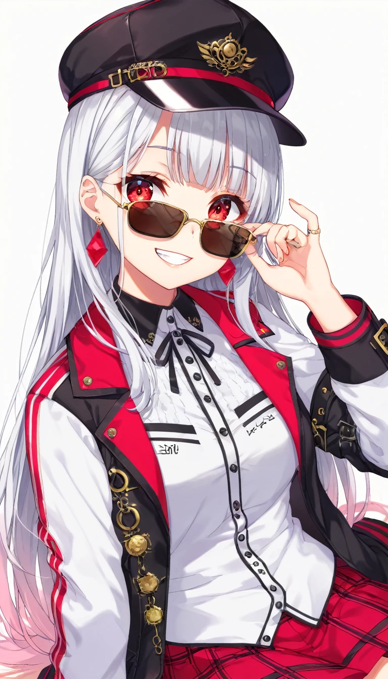 One girl, alone, Long Hair, View your viewers, smile, bangs, 水色のJacket, Red pastel skirt、Red eyes,White hair in the eye、Beautiful eyes that shine、Long sleeve, Boater hat、jewelry, Sitting, Jacket, Upper Body, Silver Hair、 earrings, Glasses, teeth, Grin, open Jacket, Earrings, sunGlasses, ring, ear Earrings,色付きGlasses, White Background、White background,Umaibo、Candy