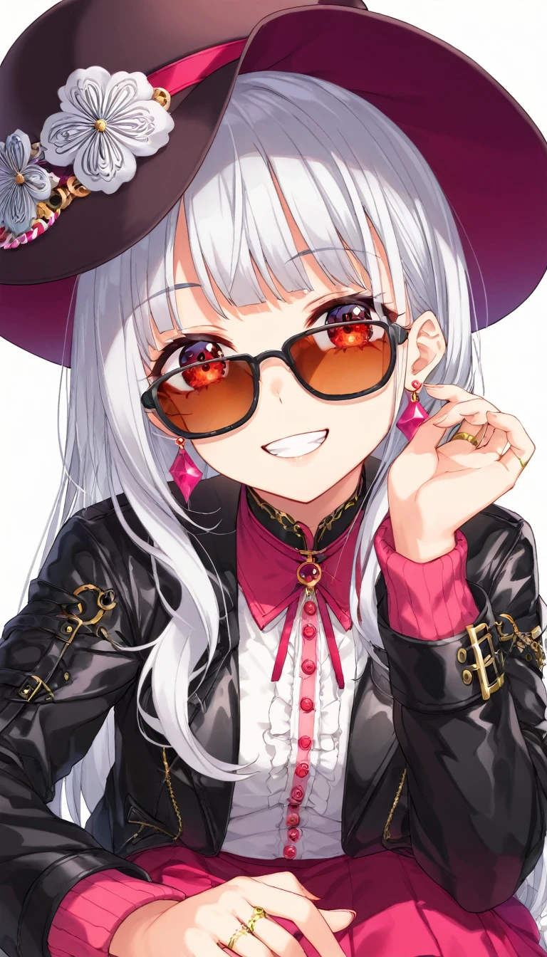 One girl, alone, Long Hair, View your viewers, smile, bangs, 水色のJacket, Red pastel skirt、Red eyes,White hair in the eye、Beautiful eyes that shine、Long sleeve, Boater hat、jewelry, Sitting, Jacket, Upper Body, Silver Hair、 earrings, Glasses, teeth, Grin, open Jacket, Earrings, sunGlasses, ring, ear Earrings,色付きGlasses, White Background、White background,Umaibo、Candy