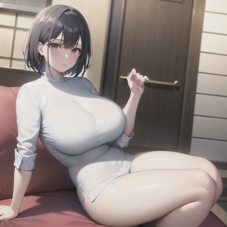 (masterpiece, best quality:1.2), (8k, best quality, masterpiece, Golden Ratio Composition,:1.3), woman, (Beautiful Japanese woman in her 40s), (Busty woman), (Thick thighs), (光滑的Long legs), (Wearing a white shirt,:1.2), (Huge breasts), (Long legs), Soft face line，Gentle，Silver short hair,