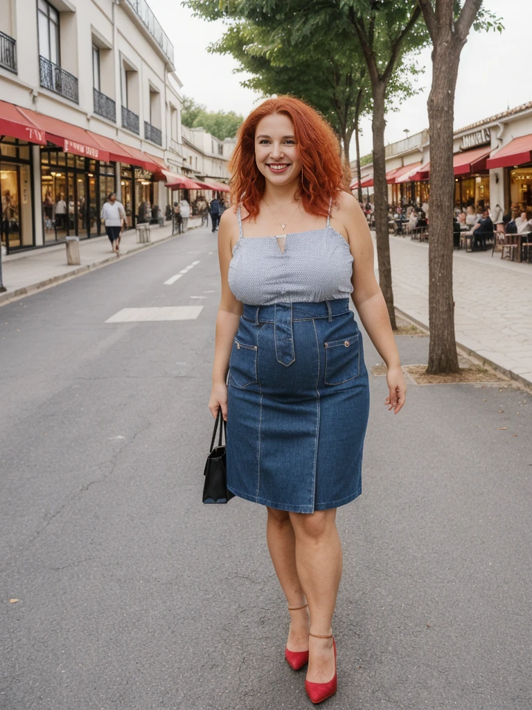 Xyrele, 1girl, solo, 30 years old, (((French face))), (((French nose))), (((French lips))), ((((chubby)))), (((wide hips))), (((red hair))), crinkly short hair, wearing casual designed modern dress wear, ((Background: Shopping at the outdoor mall)), ((upper body and upper legs)), smiling