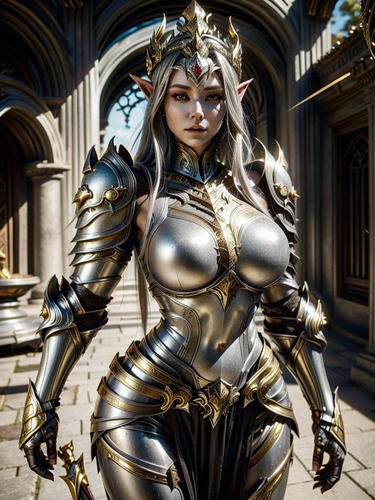 ((high resolution)), ((pale skin)), ((very pale skin)), McKenna Grace, ((huge breasts)), as a fantasy warrior, sexy armor