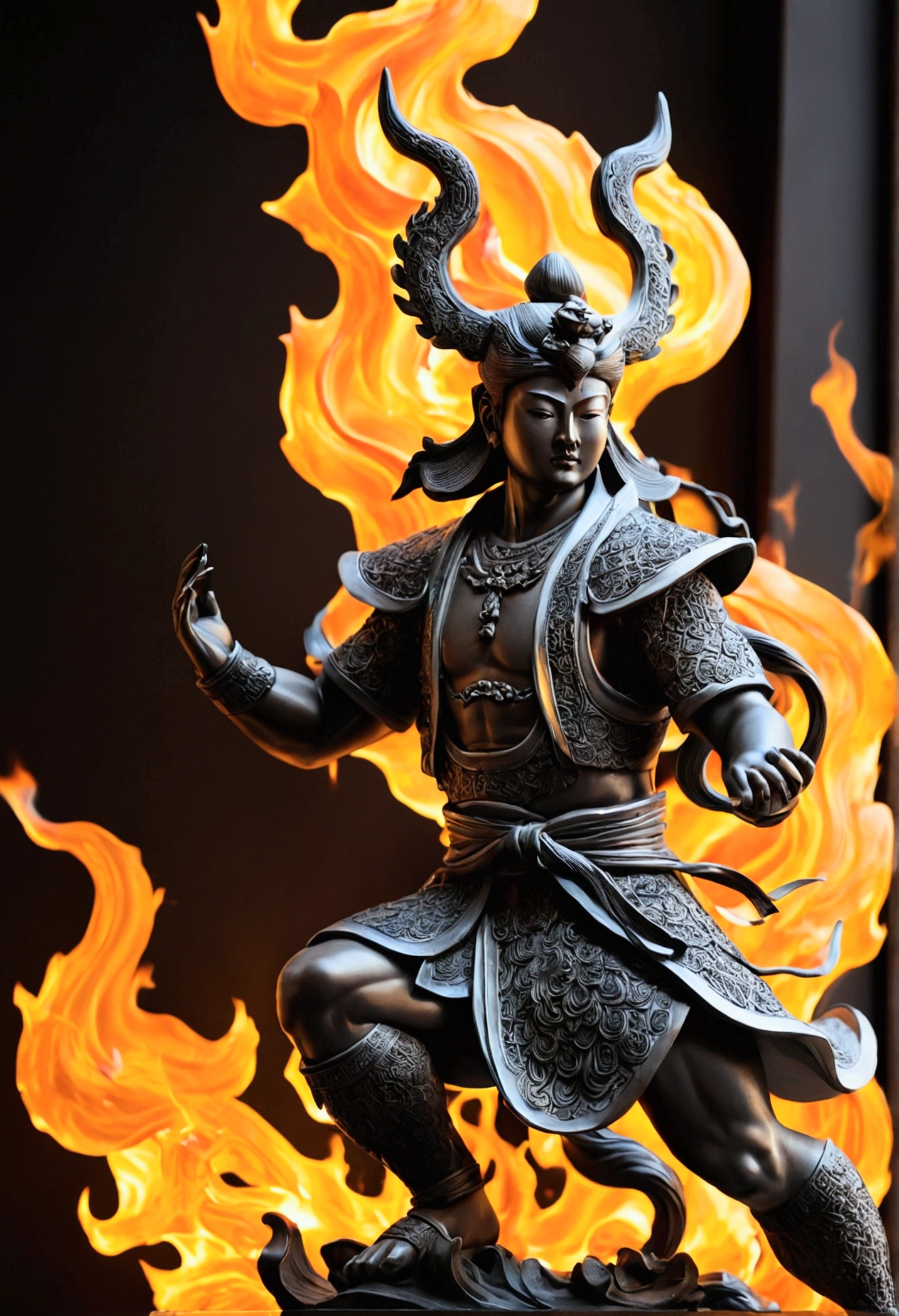 Nio statues,shortage々A strong and powerful man,Bright burning flames in the background,Sharp contrast of light and shadow,Careful craftsmanship,High-definition, detailed depiction,A masterpiece of art.