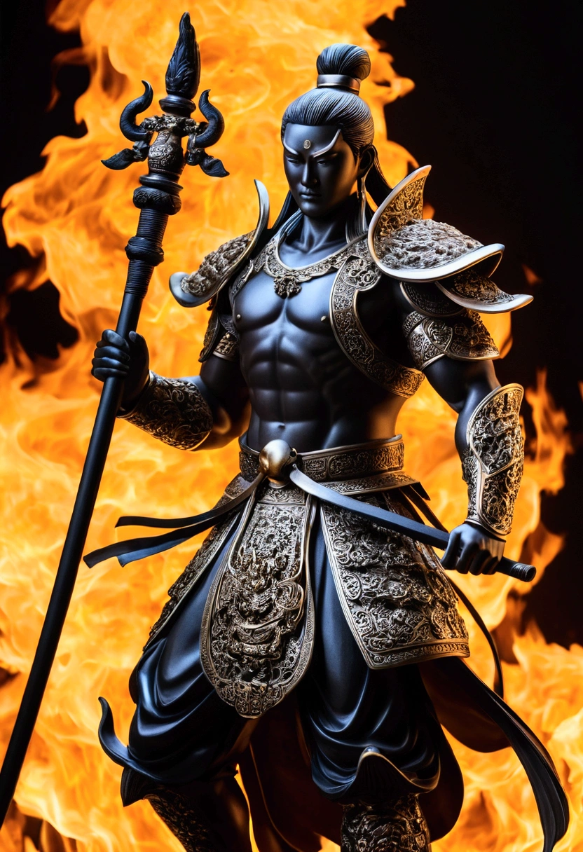 Nio statues,shortage々A strong and powerful man,Bright burning flames in the background,Sharp contrast of light and shadow,Careful craftsmanship,High-definition, detailed depiction,A masterpiece of art.