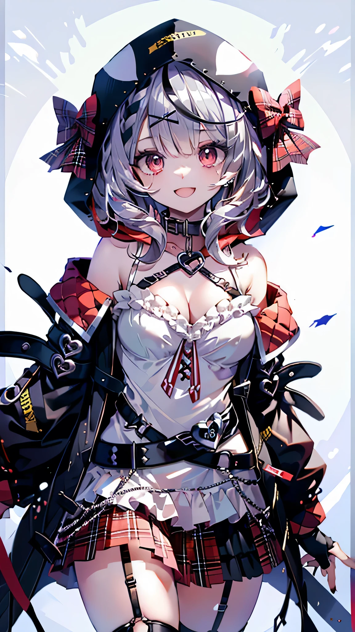 (Ultra-high resolution,masterpiece, Attention to detail, Highest quality), 8k,(1girl, solo, red eyes, sakamata chloe, garter straps, fingerless gloves, torn thighhighs, grey hair, multicolored hair, plaid skirt, cleavage, x hair ornament, red skirt, black collar, white camisole, breasts, braid, black belt, medium hair, black jacket, hood up, plaid bow),(Blessed,Captivating body、Ultra-detailed skin、Super beautiful eyes、Detailed Background),One girl、 (cheerful ,enjoy :1.5),