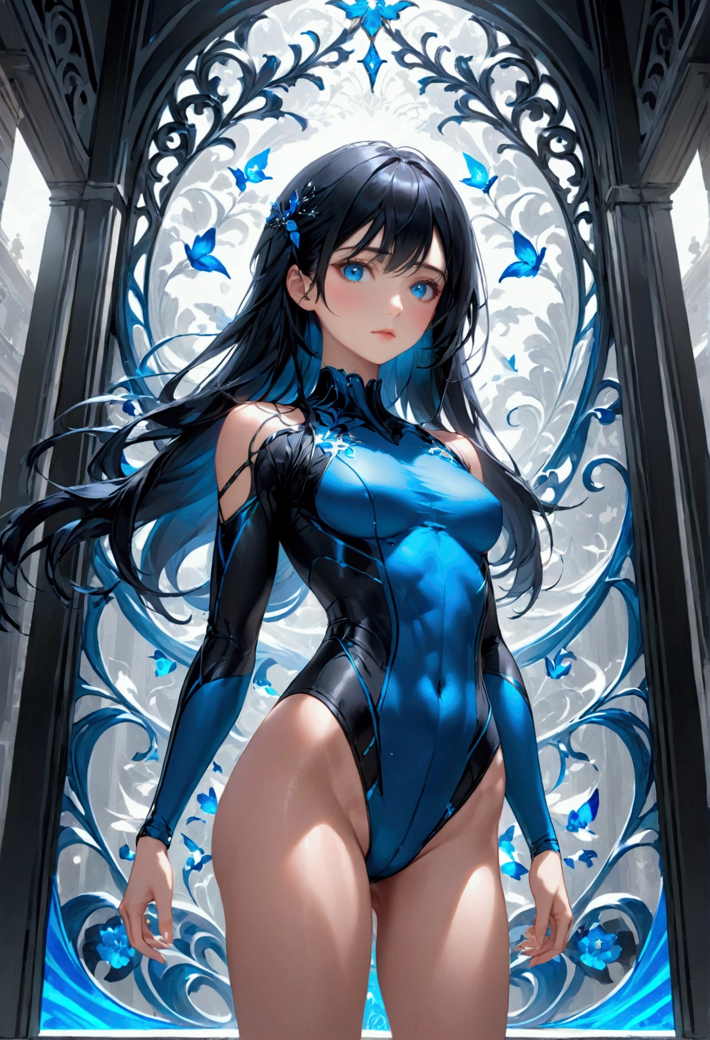 Girl with black hair that are blue on inside. Blue eyes with an tall athletic body,aesthetic, high resolution, detailed, 8k