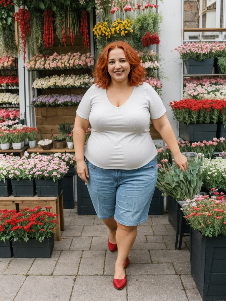 Xyrele, 1girl, solo, 30 years old, (((French face))), (((French nose))), (((French lips))), ((((chubby)))), (((wide hips))), (((red hair))), crinkly short hair, wearing casual designed modern trend wear, ((Background: Shopping at the outdoor flowershop)), ((upper body and upper legs)), smiling