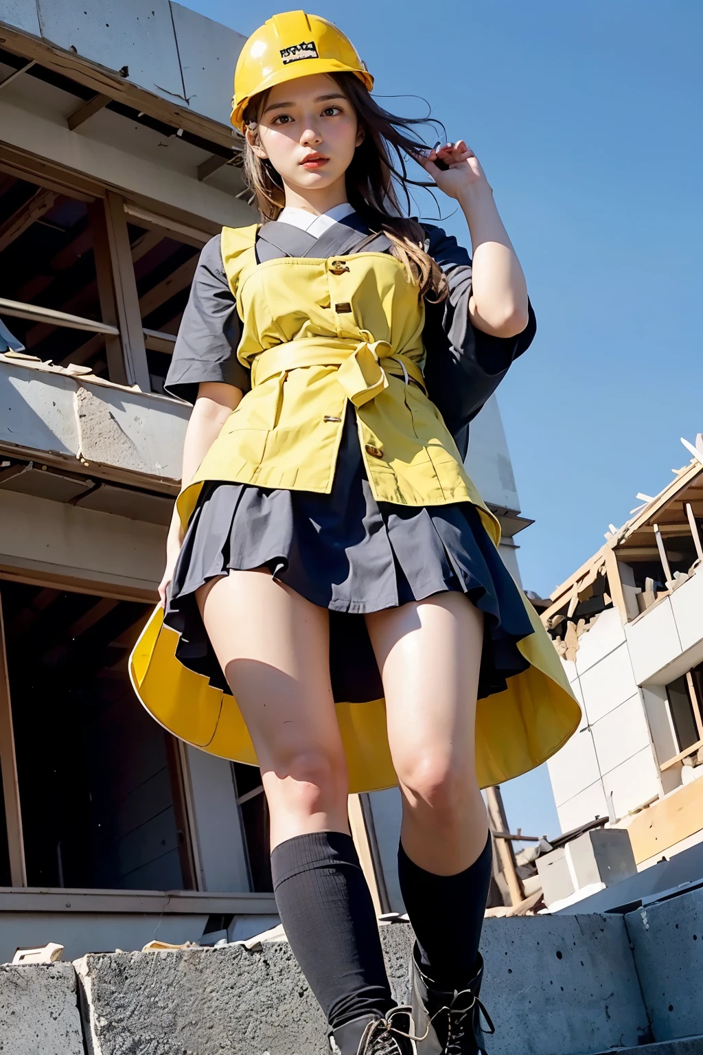 Masterpiece, bokeh, Beautiful face, (Japanese idle:1.6), (maid uniform:1.3), (Crashing Building construction site:1.3), (Yellow helmet:1.3), working boots, (From below:1.5),