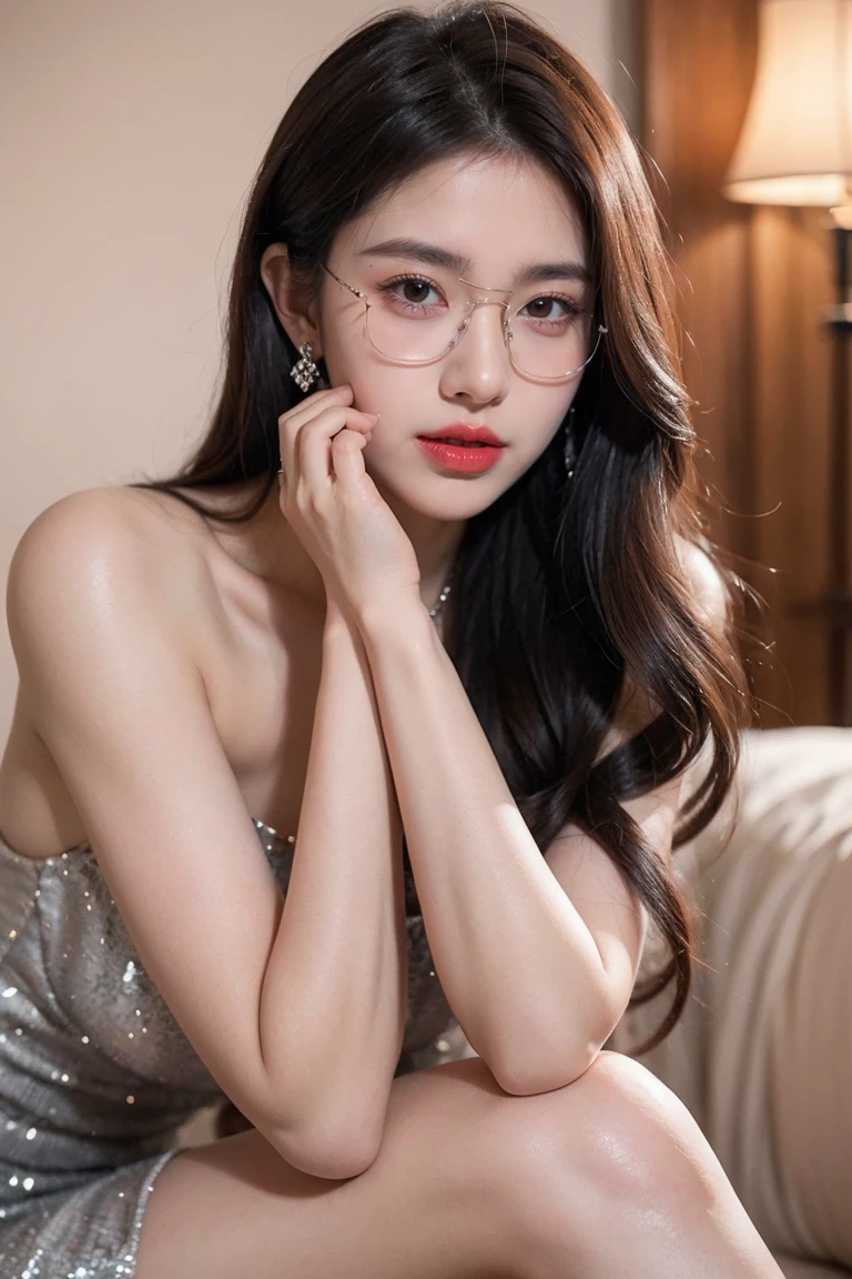 Top CG, Highest image quality, masterpiece, Gentle and beautiful girl, (185cm美女), (fit), Imperial sister, Queen temperament, White skin, ((Long legs)), Perfect facial features, Bright Eyes, Sexy pose, Red lips, Beautiful and cold (A major breakthrough)), Beautiful and heroic, Soft and long hair, shiny, Lace, net, Visible through clear skin, wear glasses, Diamond Earrings, ruby neckLace, (evening dress), 8K Image Quality, (Realistic Portraits), Characters fill the screen, (Facial lighting), ((eternal)