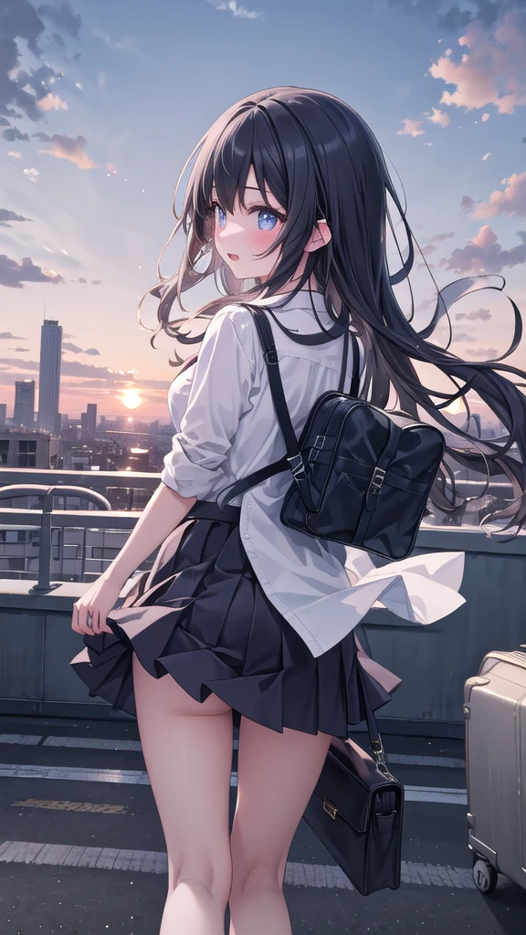 (8k, best quality, master piece: 1.2),super high resolution,1 girl, 独奏, colorshift eyes, hyperdetailed, expressive eyes, ultra-detailed face,,random hair, random color, Ecstatic expression,  Back view, In the School Rooftop、A girl standing with the sunset in the background。Hair swaying in the wind、、A bag swinging on your back、Knee-length skirt。