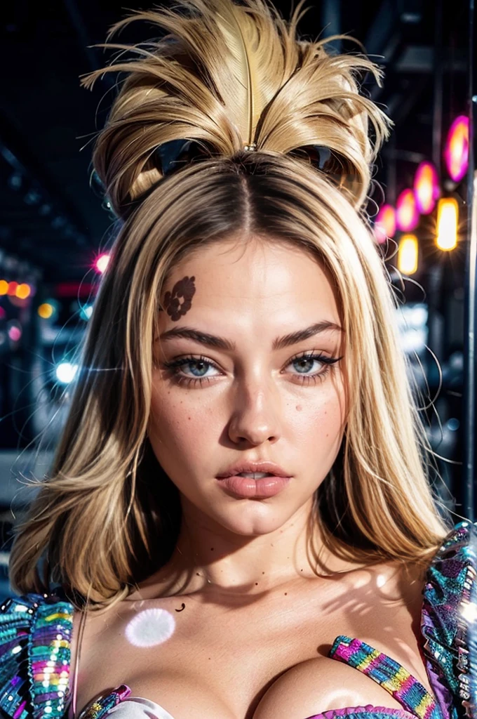 (Ultra-detailed eyes), (((textile shading))), (((Best Quality))), (((masterpiece))) sassy girl, (((realistic))), 1 girl, solo, blonde hair, blonde hair, blonde hair, blonde hair, unusual retro hairstyles choices, (gorgeous hair)), Pink eyes, (((retro disco Outfits))), ((disco pose)), (gorgeous, sassy, it girl), fancy jewelry, in disco 80s, strong night disco atmosphere, strong disco atmosphere, cowboy shot, midshot, front look, centered image, eye on camera, contender features a cute mini dress. It’s definitely far from simple, as it has a feather trim on the sleeves and an interesting oil spill pattern from top to bottom, rainbow sparkling color, unusual fashion choices