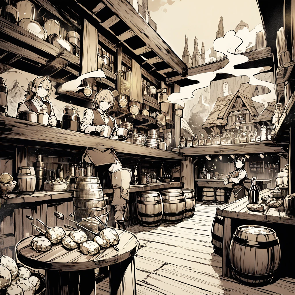 Sepia,An illustration,Vision,Landscape painting,((Never draw a character)),A bustling fantasy medieval tavern interior,Bartender,Many barrels,Loaded,The dagger is placed、A rickety wooden table piled with bags of gold coins,The smoke from grilled skewers fills the air, and the aroma of sake fills the air.