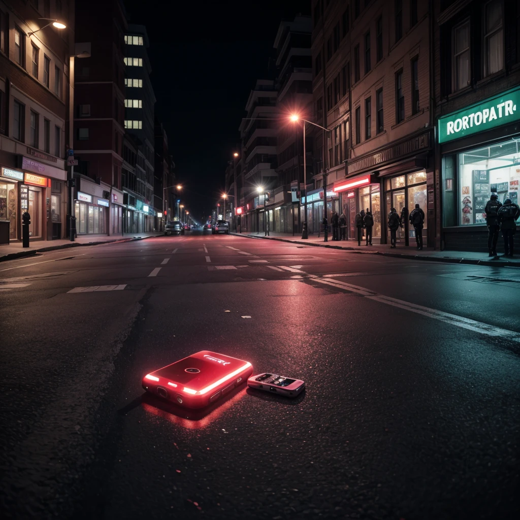generates image places a phone lying on the street broken from the screen but it can be seen that it was on a call in a background of terror patrol lights and in the background you can see a gomart store, The entire horror image is more realistic without anything around it, just the phone and red liquid.