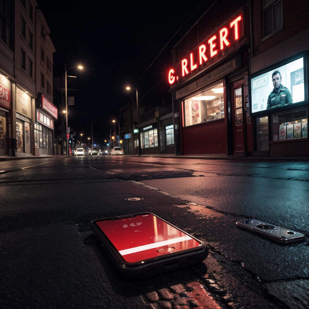 generates image places a phone lying on the street broken from the screen but it can be seen that it was on a call in a background of terror patrol lights and in the background you can see a gomart store, The entire horror image is more realistic without anything around it, just the phone and red liquid.