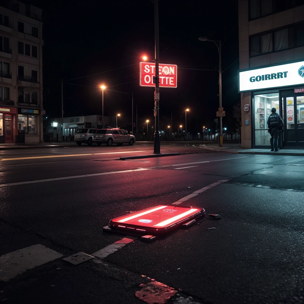 generates image places a phone lying on the street broken from the screen but it can be seen that it was on a call in a background of terror patrol lights and in the background you can see a gomart store, The entire horror image is more realistic without anything around it, just the phone and red liquid.