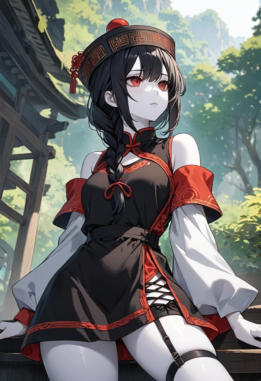 BREAK Perfect Anatomy、(High resolution:1.2)、Incredible illustrations、(Cute illustrations:1.2)、(nsfw) (Beautiful background(forest)) 1 girl(Black hair, long hair, single braid, red eyes,tattoos, )(young adult woman:2.0)
(Very baggy China Hat, long ruffled sleeves, jiangshi cheongsam, long yellow and black apron,, garter stockings)
(black hair, long hair, single braid)
(white skin:1.3, expressionless)