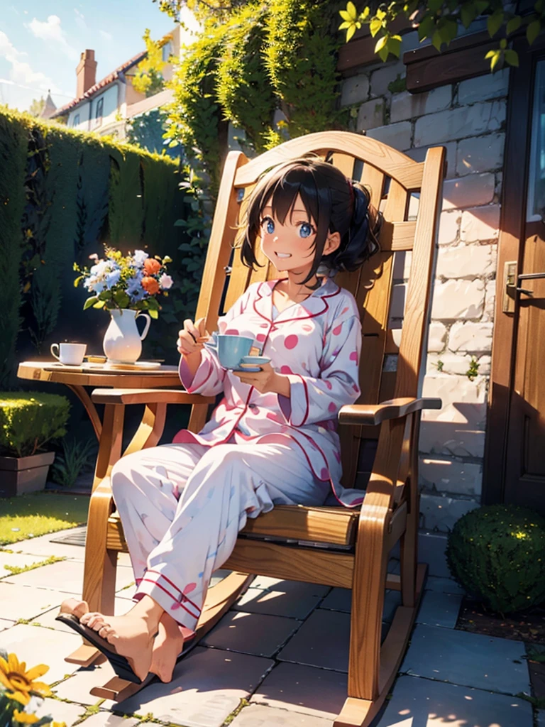 Create a 3D poster inspired by Disney bid. From a cheerful 80-year-old woman, with elegant pajamas, sitting in a rocking chair, a little table with breakfast,in a nice garden, in a dawn atmosphere