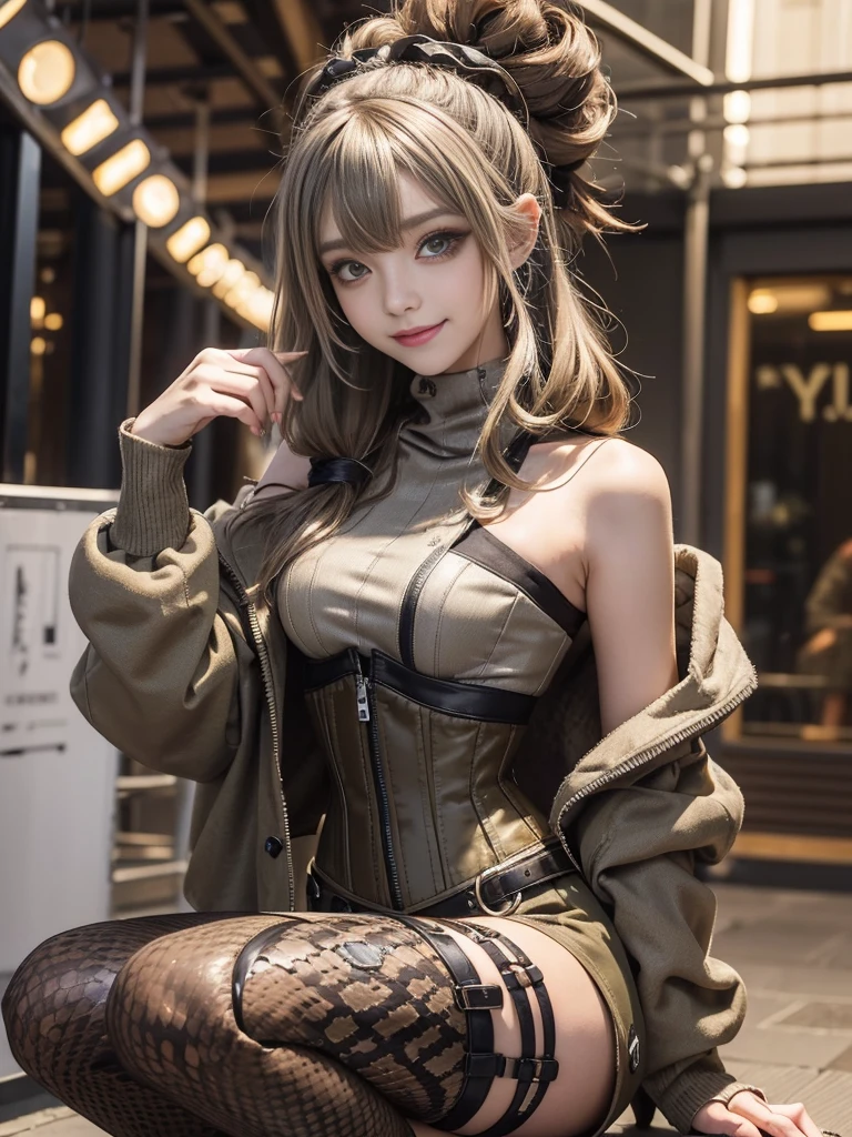 (Smiling with teeth showing:1.3),(Shibuya Gal:1.5)、(Underground idol costume:1.5)、(Neo-goth fashion:1.5)、(Punk RockVisual Kei:1.5)、(An off-the-shoulder hoodie in khaki and brown with delicate silver accessories.:1.5)、(A corset with a delicate beige and brown design:1.4)、(Dark grey, khaki and brown snakeskin bodysuit:1.5)、(Snake print headband:1.3)、(Beige and charcoal knee socks:1.4)、Embellished collar and long boots、(I'm selling snake print underwear.:1.4)、(Long eyelashes:1.3)、(20-year-old)、((Highest quality、8k、masterpiece:1.3))、1 Female、Slim and beautiful abs:1.3、(hairstyle casual、Beautiful boobs:1.1)、(Doing an aerobics pose:1.3)、dress:1.1、Super small face、Narrow eyes、double eyelid、A sloppy smile、Esbian all over body、Dynamic Angle、Close-up、CPL Filter、Blurred Background、Bokeh、Blue Hour、Detailed face and skin texture、Detailed eyes、,(Twin tails:1.3)、(Black brown hair:1.3)、Gravure idol、(The background is a glamorous dance hall:1.3)、(Make your legs thinner:1.4)、(Slim Body:1.3)、(clavicle:1.1)