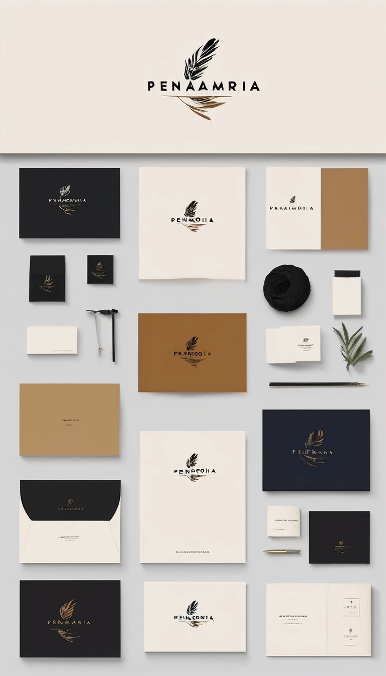 A minimal, modern, simple, cinematic logo design for the brand “Penamemoria". Create a modern, minimalistic, high-quality, logo of a dreamy. fantastic, poetic, masterpiece journey of a creative boy and a feather of memories