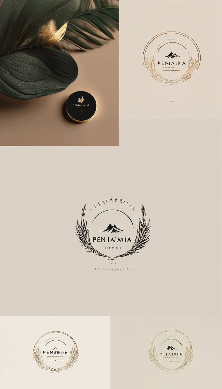 A minimal, modern, simple, cinematic logo design for the brand “Penamemoria". Create a modern, minimalistic, high-quality, logo of a dreamy. fantastic, poetic, masterpiece journey of a creative boy and a feather of memories