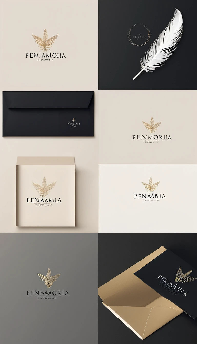 A minimal, modern, simple, cinematic logo design for the brand “Penamemoria". Create a modern, minimalistic, high-quality, logo of a dreamy. fantastic, poetic, masterpiece journey of a creative boy and a feather of memories