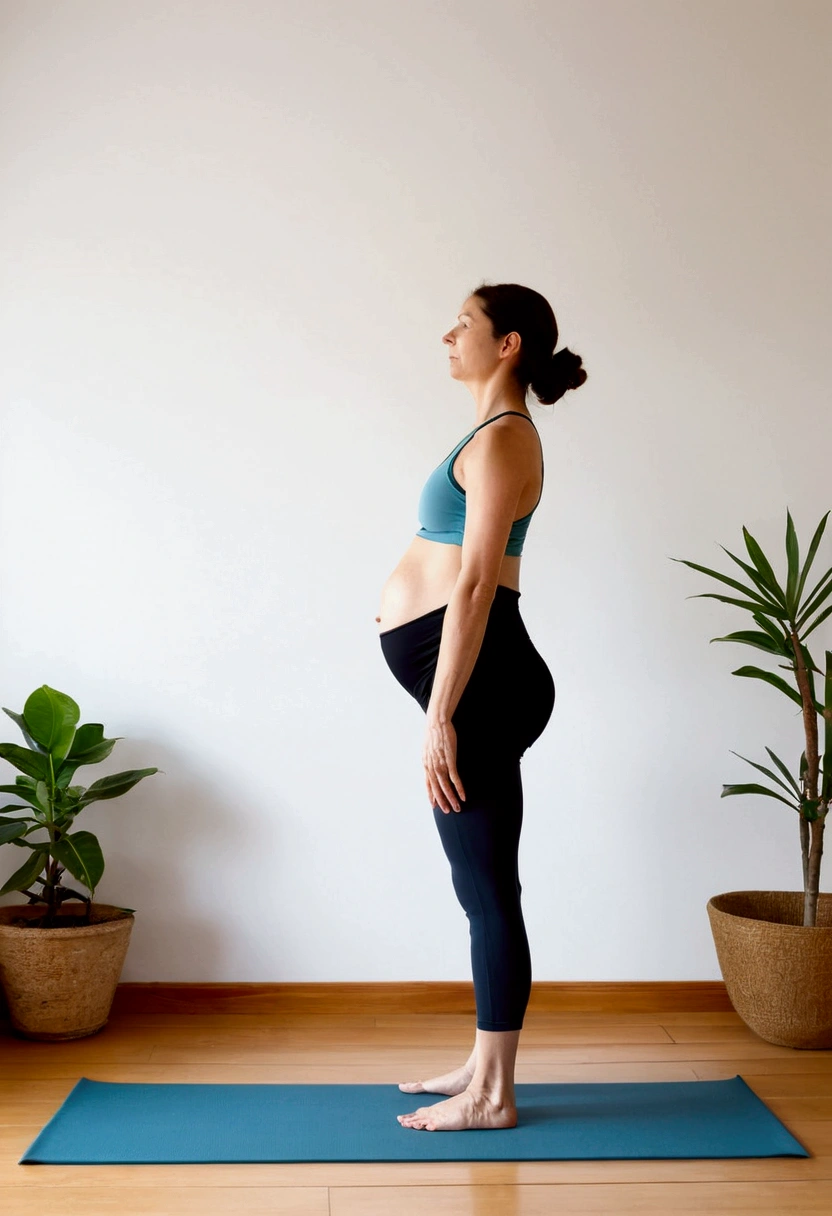 Starting Position of Mountain Pose (Tadasana) in Prenatal Yoga: I need an image that illustrates the first step of Mountain Pose (Tadasana) in prenatal yoga. The image should show an experienced, pregnant yogi standing in a quiet environment at home. The model must follow the steps of the posture, concentrating on the postures for the explanation of each step of the prenatal yoga digital ebook, in a quiet environment at home. The style should be relaxing and professional, with soft colors and a minimalist background. The yogi should stand with her feet together or slightly apart, distributing her weight evenly. She must show a relaxed and centered posture. The yogi must have a concentrated and serene expression, focused on the posture she is performing.