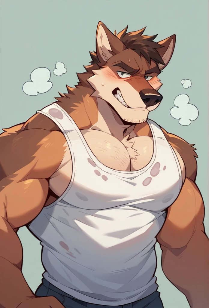 Fat, gassy, visibly stupid anthro wolf who’s a southern trucker wearing a stained, white tank top letting out a huge, disgusting belch in a thin anthro wolf’s face high resolution best quality. Make this character look like he’s very unintelligent
