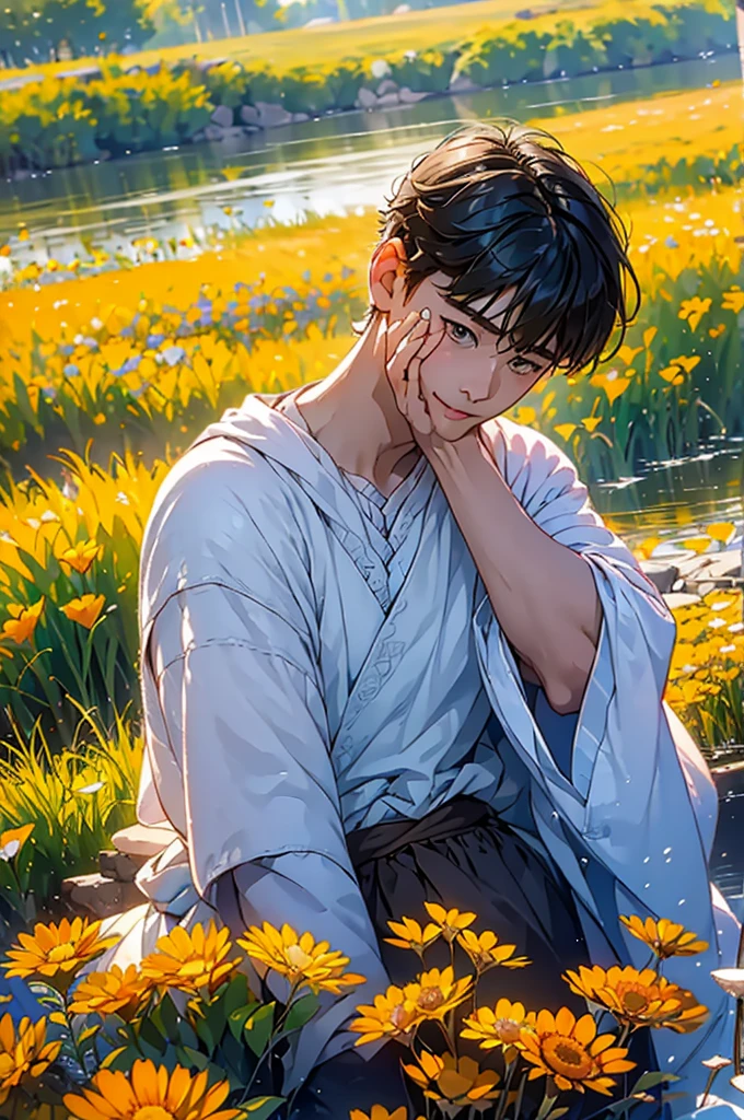 (in 8K、top-quality、masterpiece:1.2)、1 boy、short-haired、Hair short、Brown-skinned、Blue View、