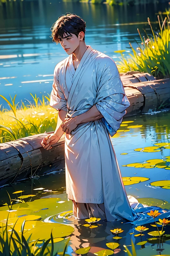 (in 8K、top-quality、masterpiece:1.2)、1 boy、short-haired、Hair short、Brown-skinned、Blue View、