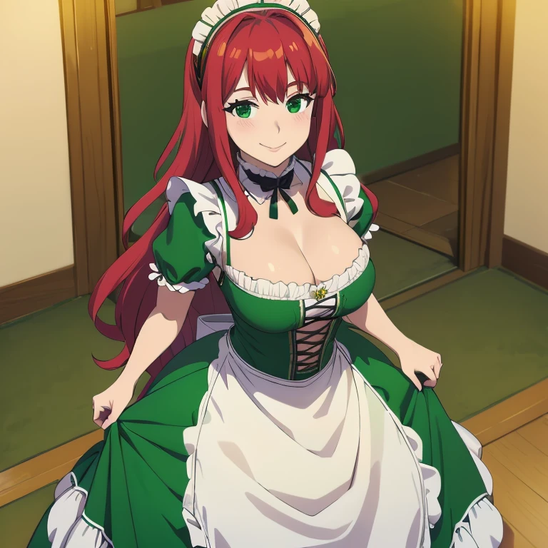 Solo, cleavage, victorian maid dress, long dress, green leotard, long hair, red hair, green eyes, smile, blush, happy face, ultra resolution , perfect, very detailed, work of art, 4k hd,, full body,