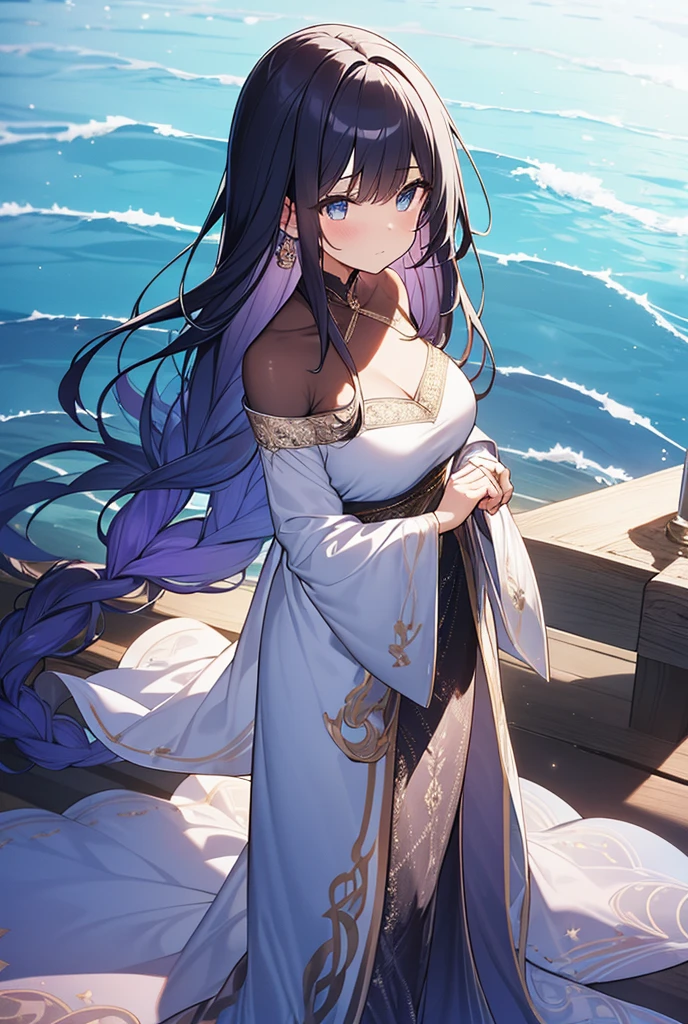 She has long hair and beautiful eyes.、Beautiful woman in an elegant and elaborate Hawaiian dress..For dress、To give it a luxurious and stylish look, it needs intricate designs and patterns..。.in the background , image、Light reflected on the surface of the water、Next is the illuminated bridge.、Must be, This is an image of a romantic Hawaiian beach at night..。, Enhance the sparkle and rainbow effect throughout the image. Improve your appearance、Add special ruffles to your dress, to make it stand out..»