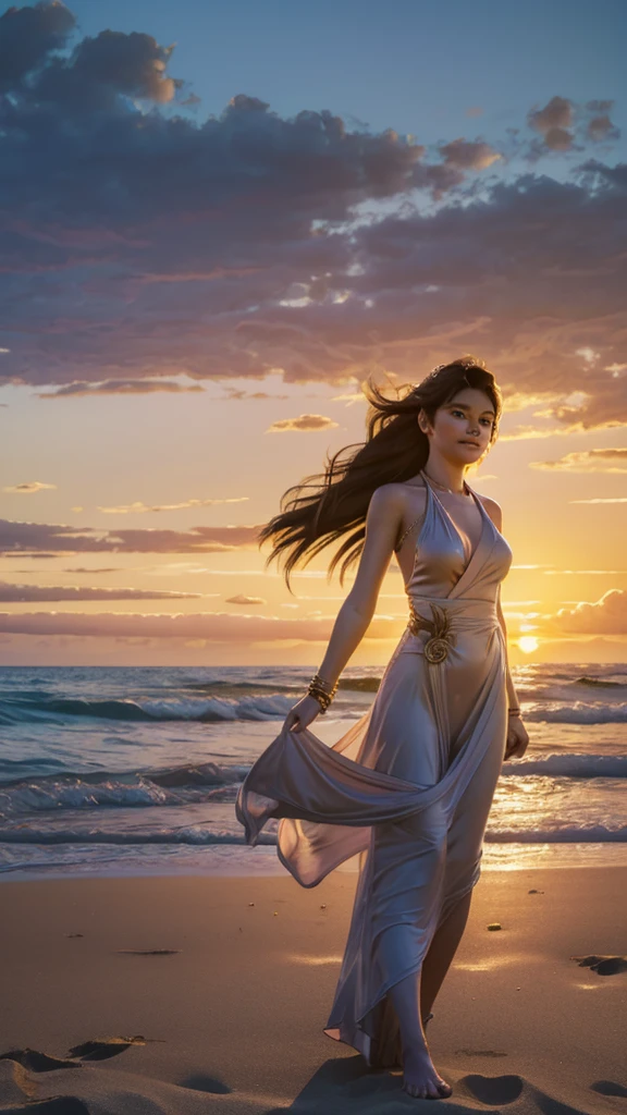 Design a beautiful, detailed digital artwork featuring a young woman with long, flowing hair, standing on a sandy beach during sunset. She is dressed in a light, flowing dress that moves with the wind. The scene captures the vibrant colors of the sunset, with the sky transitioning from warm oranges and pinks to deeper purples and blues. The waves of the ocean are gently rolling in the background. The woman's expression is peaceful as she gazes at the horizon, with the soft, golden light of the setting sun illuminating her face and hair