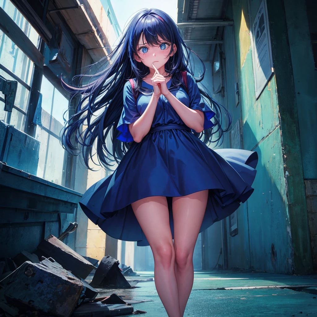 A clumsy and absent-minded girl in blue clothes