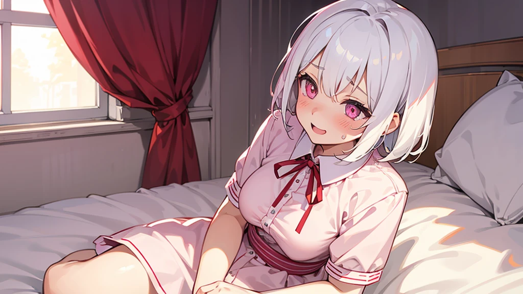 White Hair Girl、Pink Eyes、Short Hair、Only one girl、Night、In the bedroom、Blushing、laughing、Excited、Just One、Sitting on the bed、Sweating、Red ribbon on the right