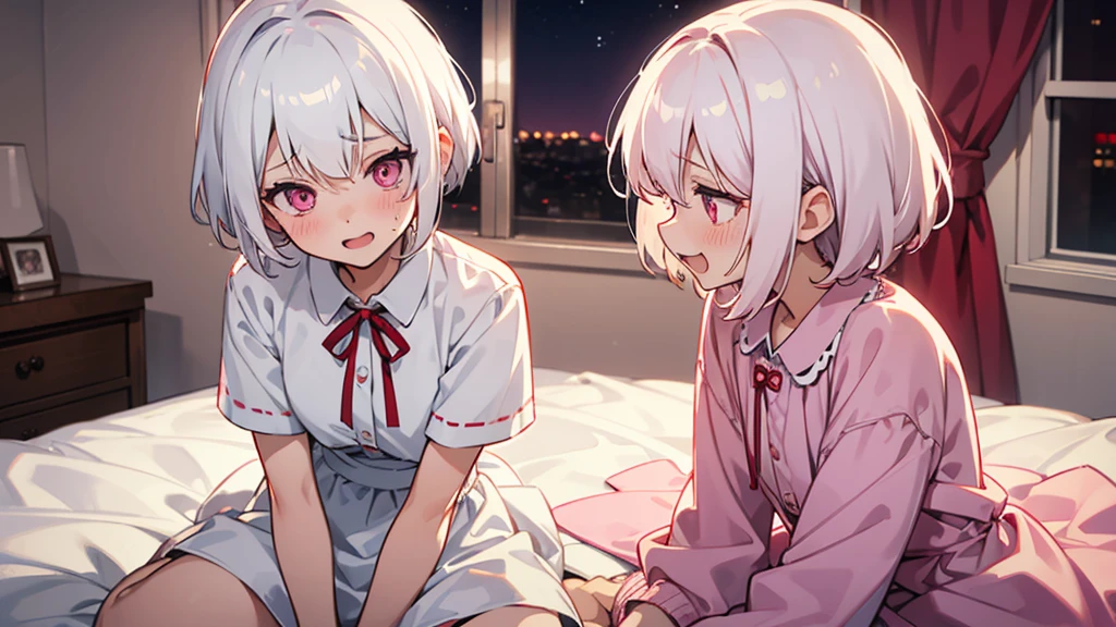 White Hair Girl、Pink Eyes、Short Hair、Only one girl、Night、In the bedroom、Blushing、laughing、Excited、Just One、Sitting on the bed、Sweating、Red ribbon on the right