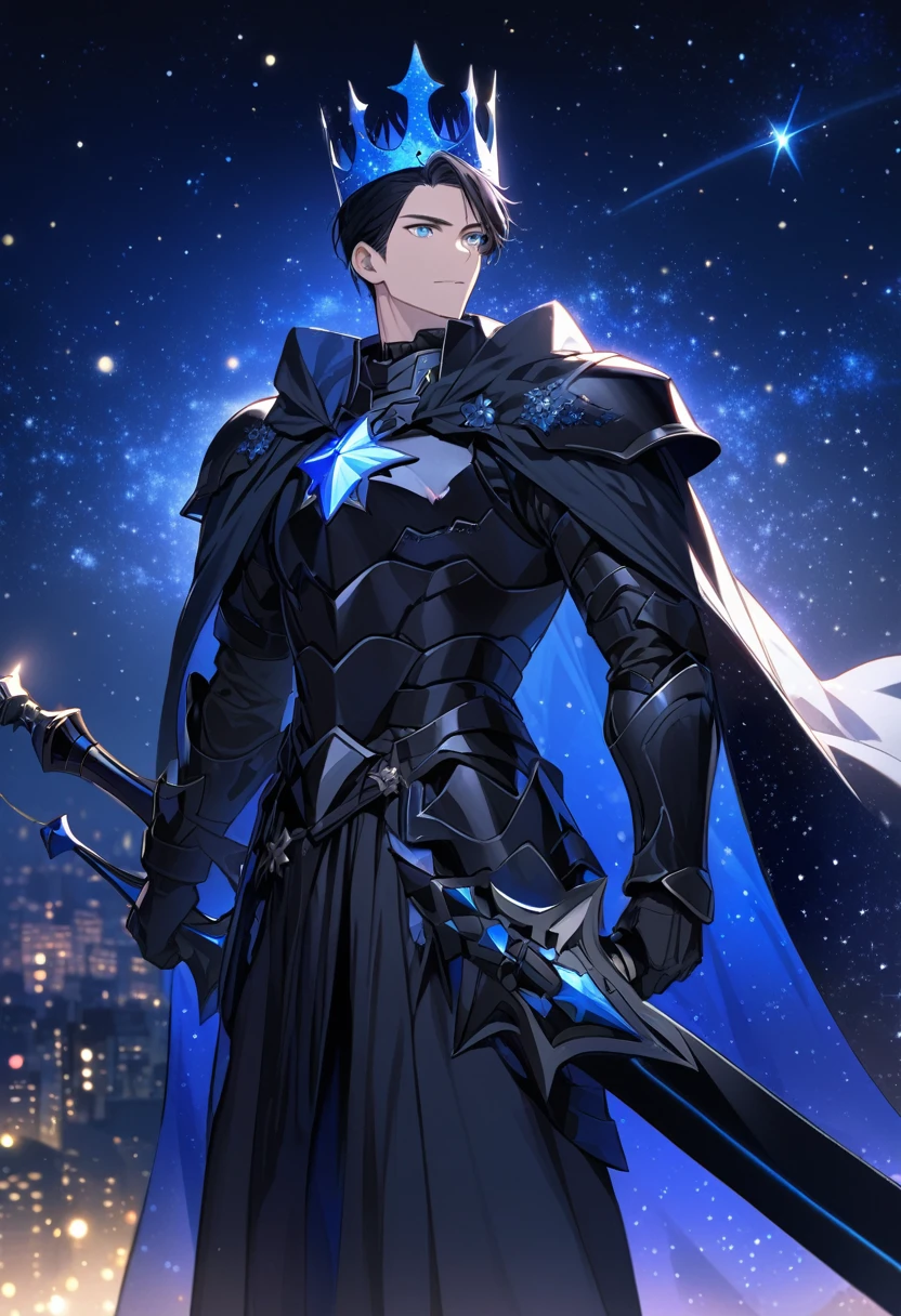 Solo-man, tall man, masculine, medium length black hair, blue eyes, pitch black armor, blue glowing crown made of stars, blue starry cloak, (holding a black sword:1.3), starry night in background