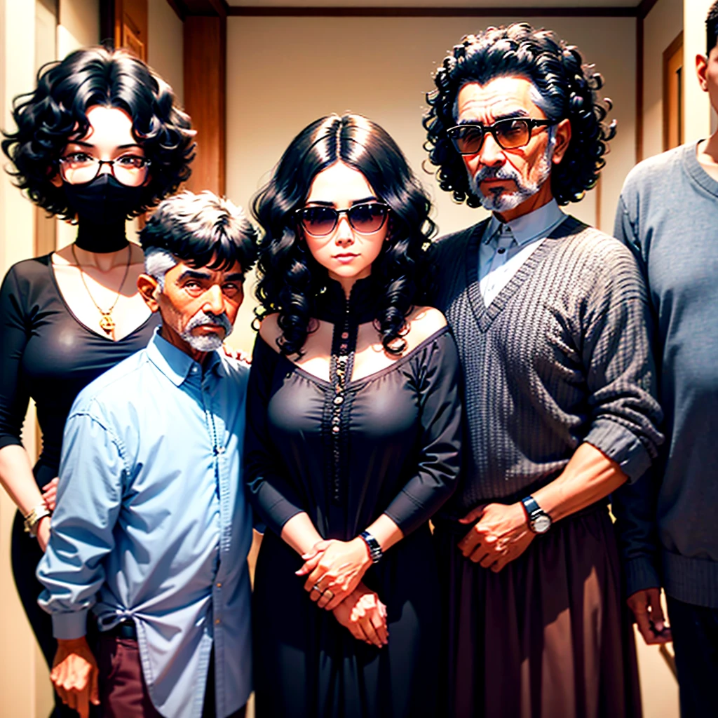 Grandmother with black curly hair,  grandfather with black hair,  grandson of age 17 with black buzz cut hair and  grandaughter of age 19 with black wavy hair in same frame 