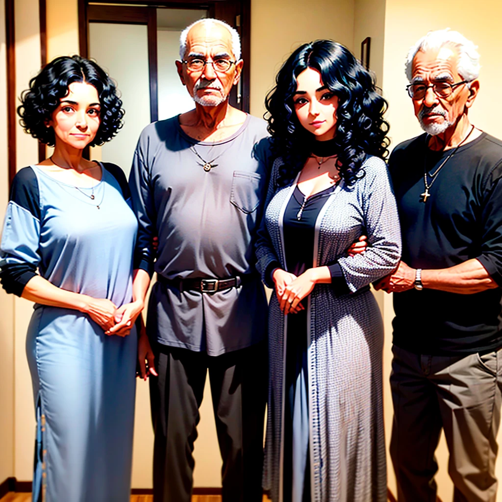Grandmother with black curly hair, grandfather with black hair, grandson of age 17 with black buzz cut hair and grandaughter of age 19 with black wavy hair in same frame