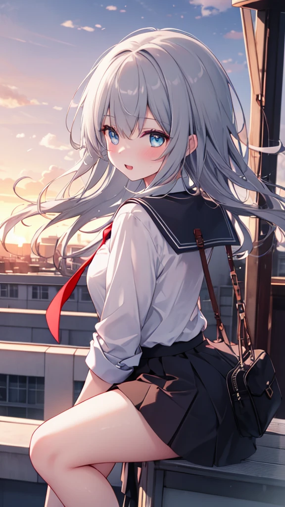 (8k, best quality, master piece: 1.2),super high resolution,1 girl, 独奏, colorshift eyes, hyperdetailed, expressive eyes, ultra-detailed face,,random hair, random color, Ecstatic expression, Back view, In the School Rooftop、A girl standing with the sunset in the background。Hair swaying in the wind、、A bag swinging on your back、Knee-length skirt