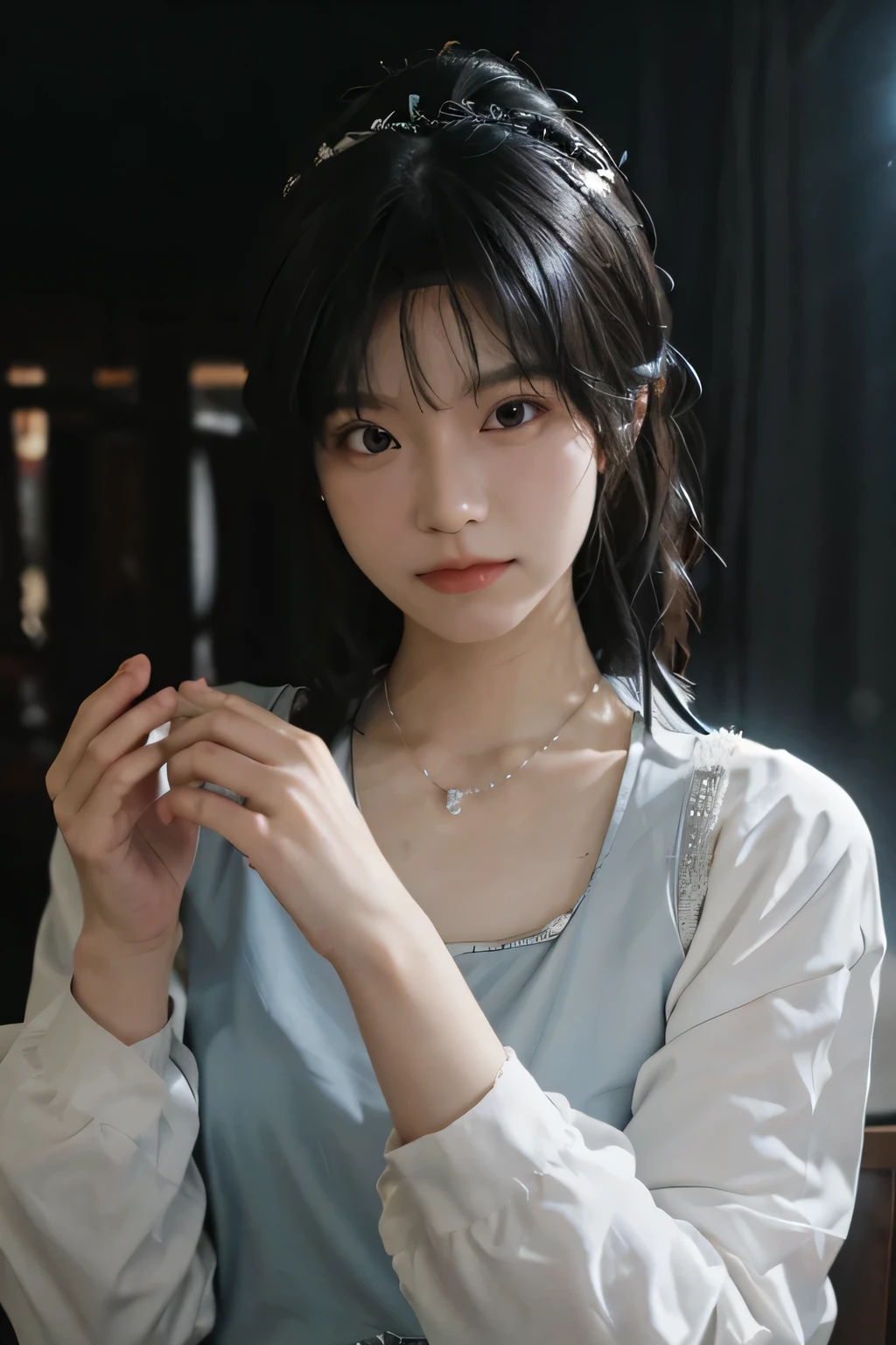 best quality, masterpiece, high resolution, 1 Girl,cheongsam,Hair accessories,necklace, Jewelry,Pretty Face,Above_Body, Tyndall effect,Reality, Dark Studio, Edge lighting, Two-tone lighting,(High Detail Skin:1.2), 8K uhd, Digital SLR Camera, Soft lighting, high quality, Volumetric Lighting, frank, photo, high resolution, 4K, 8K, Bokeh,  .Kim Sang-tae,  architecture