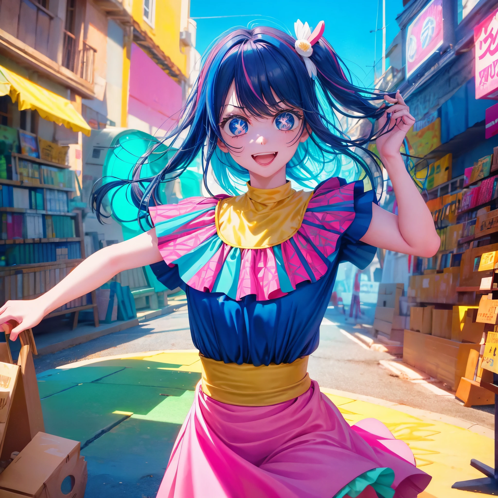 Create a vibrant and eye-catching anime-style thumbnail of a clumsy and naturally awkward girl. She should have bright, expressive eyes and a cheerful, slightly embarrassed smile. Her hair is styled in a playful, messy fashion with a fun, bright color like pastel pink or blue. Dress her in a cute, casual outfit such as a colorful dress or a fun, patterned top with a skirt. Illustrate her in a humorous or slightly chaotic situation—like dropping a stack of books, spilling a drink, or tripping over something—with exaggerated, playful expressions and movements. The background should be lively and engaging, with bright colors and dynamic elements that highlight her clumsiness and add visual interest to the thumbnail. Include some small, amusing details around her to enhance the playful and whimsical feel.