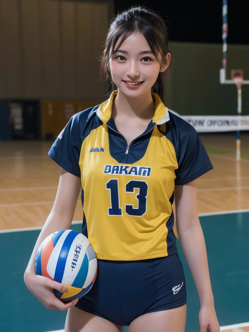 (Highest quality:1.4),(masterpiece:1.4),(Realistic:1.4),(Realistic:1.2),(超High resolution, RAW Photos:1.4),(High resolution, Very detailed:1.2),(8k:1.2),Movie Photos,Photographed in natural light, a photo of a dark-haired,One Girl,smile, Volleyball Uniforms, Volleyball court, whole body