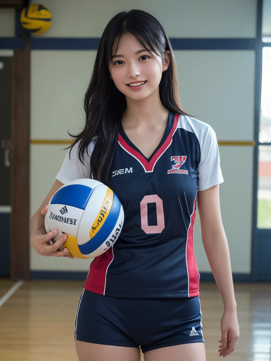 (Highest quality:1.4),(masterpiece:1.4),(Realistic:1.4),(Realistic:1.2),(超High resolution, RAW Photos:1.4),(High resolution, Very detailed:1.2),(8k:1.2),Movie Photos,Photographed in natural light, a photo of a dark-haired,One Girl,smile, Volleyball Uniforms, Volleyball court, whole body