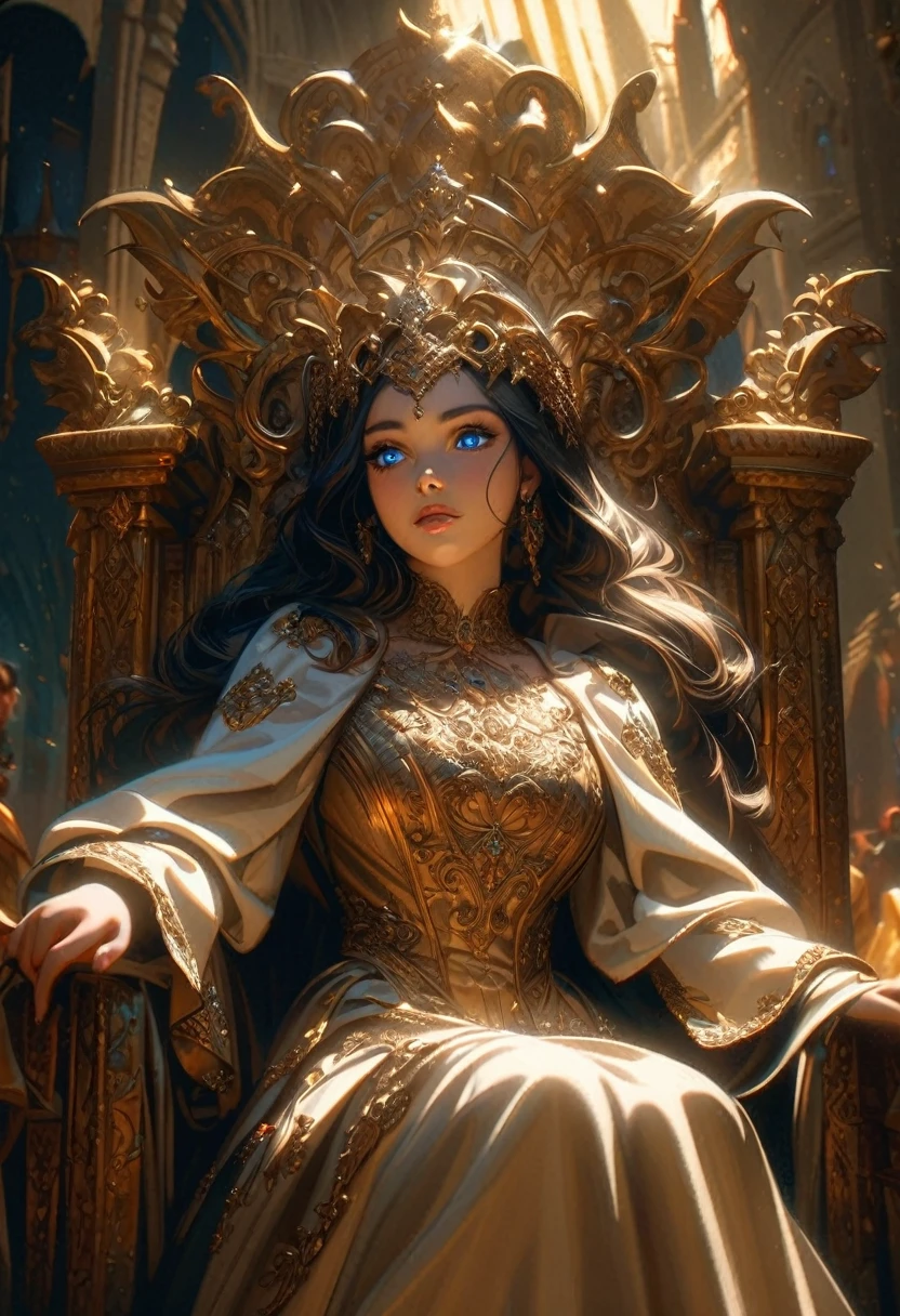 a woman sitting on a throne, detailed face, detailed eyes, detailed lips, highly detailed, intricate details, cinematic lighting, dramatic shadows, medieval fantasy, oil painting, golden throne, luxurious dress, ornate decorations, renaissance style, rich colors, chiaroscuro, volumetric lighting, photorealistic