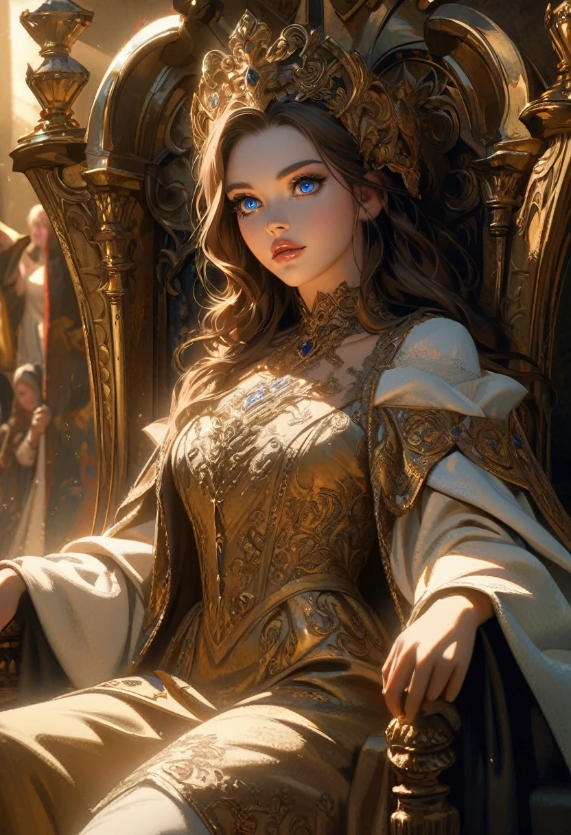 a woman sitting on a throne, detailed face, detailed eyes, detailed lips, highly detailed, intricate details, cinematic lighting, dramatic shadows, medieval fantasy, oil painting, golden throne, luxurious dress, ornate decorations, renaissance style, rich colors, chiaroscuro, volumetric lighting, photorealistic