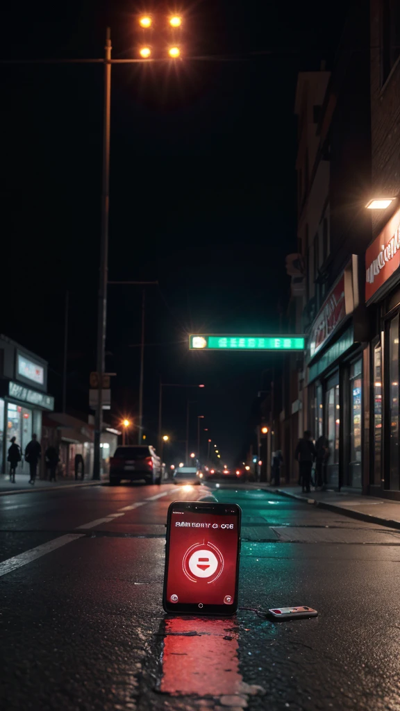 generates image places a phone lying on the street broken from the screen but it can be seen that it was on a call in a background of terror patrol lights and in the background you can see a gomart store, The entire horror image is more realistic without anything around it, just the phone and red liquid.