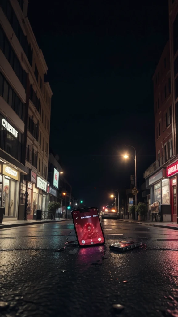 generates image places a phone lying on the street broken from the screen but it can be seen that it was on a call in a background of terror patrol lights and in the background you can see a gomart store, The entire horror image is more realistic without anything around it, just the phone and red liquid.